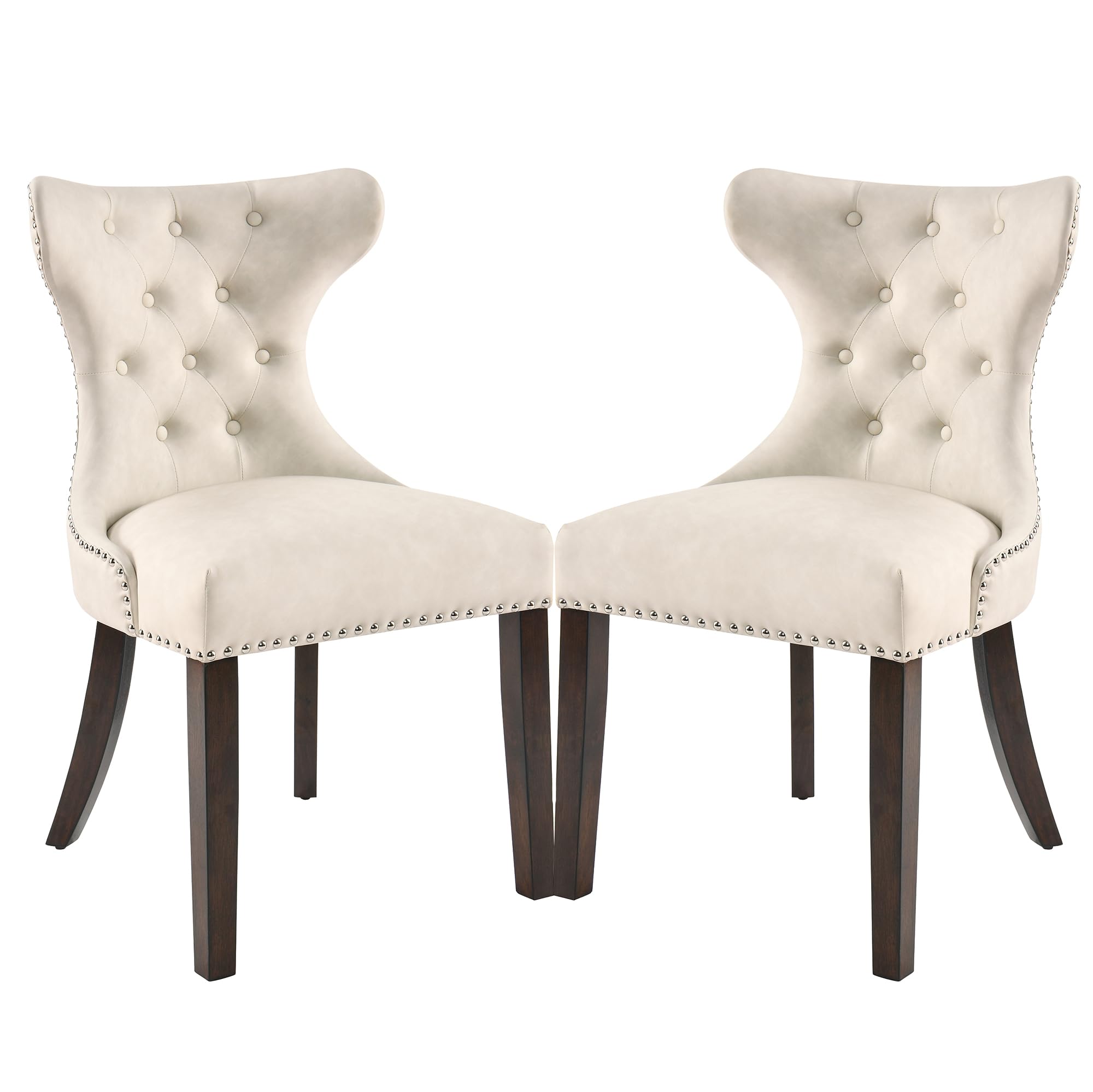 Set of 2 Upholstered Faux Leather Dining Chairs, High-end Button-Tufted Dining Chairs with Nailhead Trim, Elegant Solid Wood Wing Back Dining Chairs for Kitchen/Bedroom, Beige PU, CY-MJR-WT