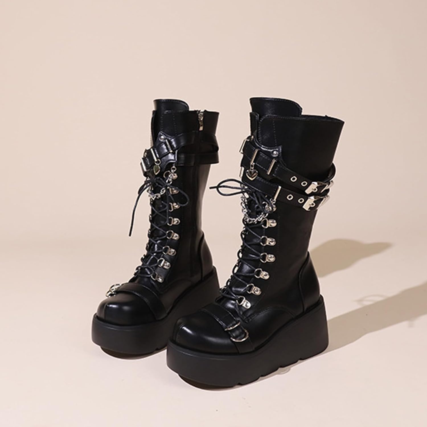 Women's Goth Platform Boots Lace Up Mid Calf Combat Boots PU Leather Wedge Heel Side Zipper Buckle Punk Boot