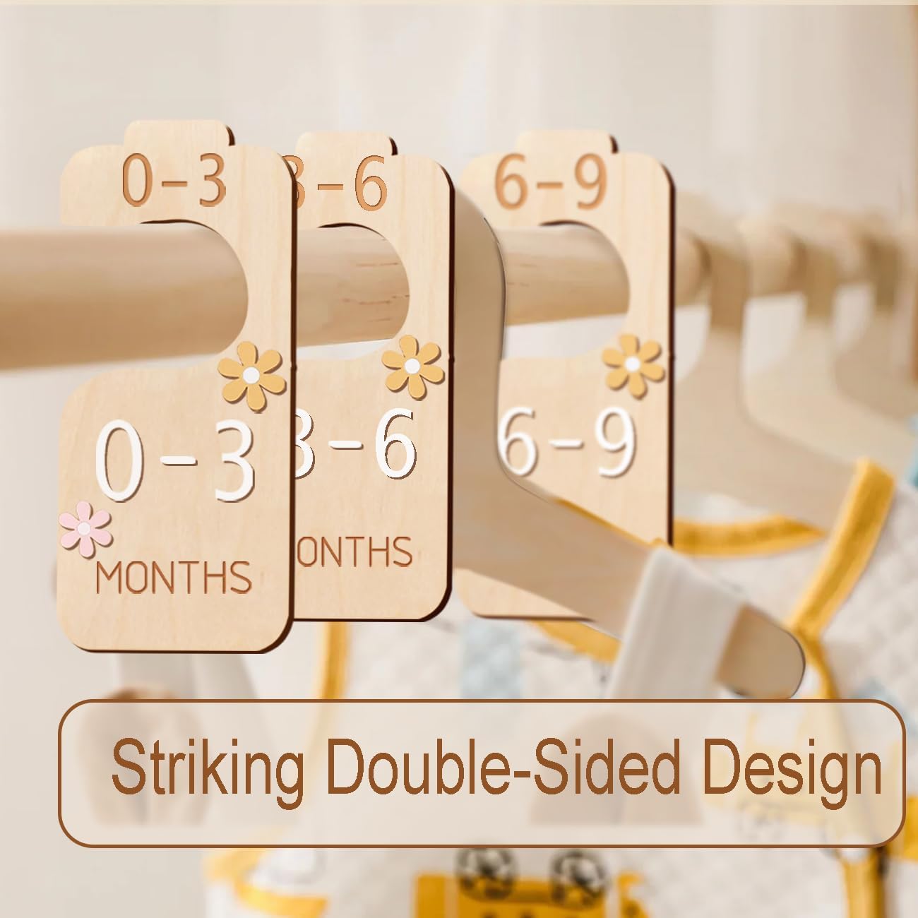 Baby Closet Divider - 3D Double-Sided Wooden Baby Wardrobe Baby Closet Organizer,Daisy design Nursery Decor Clothes Hanger Dividers for Sorting 8 Sizes from Newborn to 24+ Months