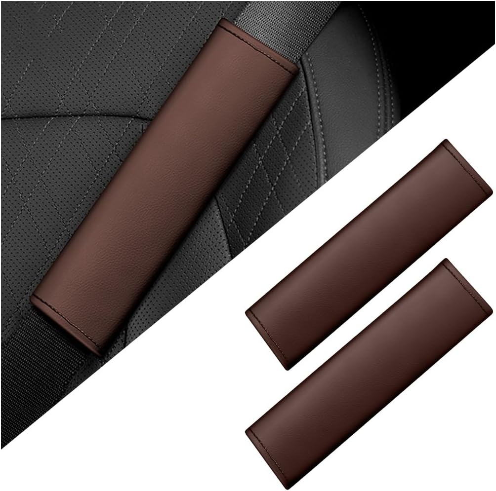 2PCS Car Seat Belt Covers, Soft Leather Auto Seatbelt Pad Protector for Shoulder and Neck, Comfortable Vehicle Safe Strap Decor Protecive Cushion Mat, Universal for SUV, Truck, RV（Brown）