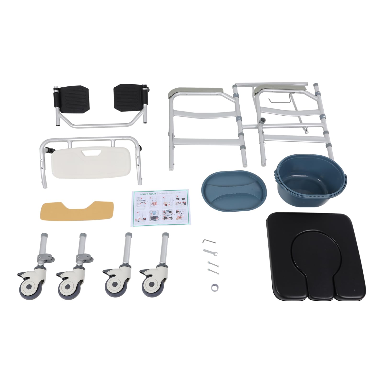 Silla de inodoro con ruedas y cubo, silla de ducha 3 en 1 y silla de aseo regulable en altura, silla de ruedas móvil para personas mayores y discapacitados, asas antideslizantes y 4 frenos, 172 kg