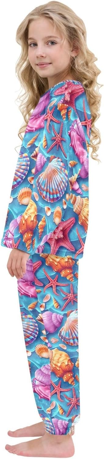 Vibrant Sea Shell Blue Plush Pajama Set, Coral Fleece Sleepwear, Soft Loungewear for Winter