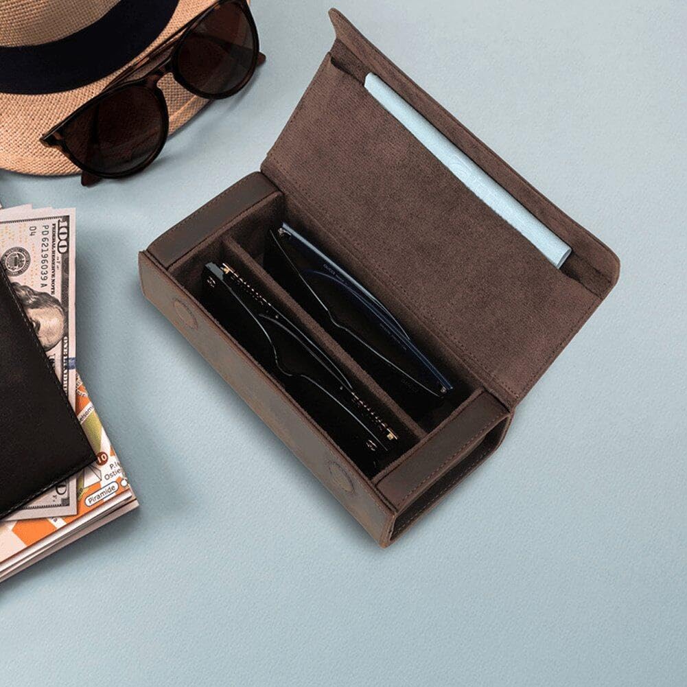 Hard Crazy Horse Leder Brille Hülle Tragbare Reiseschutzhülle Sonnenbrille Aufbewahrungstasche 2 Schlitz Brille Hülle