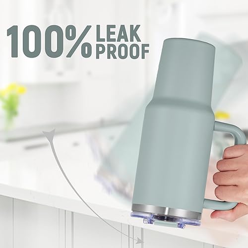 Vista 5 de COKTIK - Vaso de 40 onzas con asa y tapa con popote, taza de viaje aislada al vacío de acero inoxidable con aislamiento para bebidas, a prueba