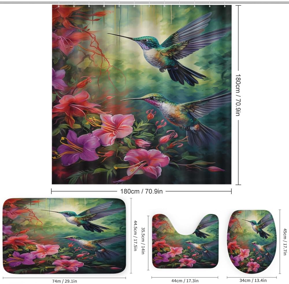 4 Pcs Tropical Hummingbirds Shower Curtain Bathroom Set with Rugs, Modern Colorful Bird Flower Shower Curtain with 12 Hooks, Toilet Lid Cover and Bath Mat for Bathroom Decor Set