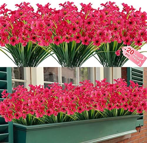 ZEOSTARO 20 Bundles Artificial Outdoor Flowers UV Resistant Fake Flowers No Fade Faux Plastic Greenery Shrubs Garden Porch Window Box Decorating(Fushia)