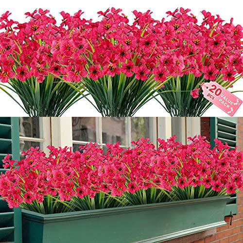 Zeostaro 20 Bundles Artificial Outdoor Flowers Uv Resistant Fake Flowers No Fade Faux Plastic Greenery Shrubs Garden Porch Window Box Decorating(Fushia) #TOP2