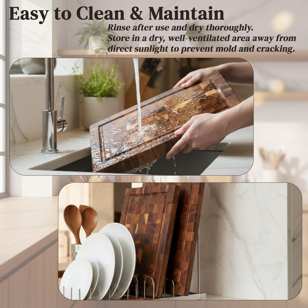 End Grain Acacia Wood Cutting Board 12" x 8" x 1" Thick Butcher Block with Juice Groove & Handle, Solid Hardwood, Knife Friendly, Non-Toxic for Kitchen Prep by New M Way