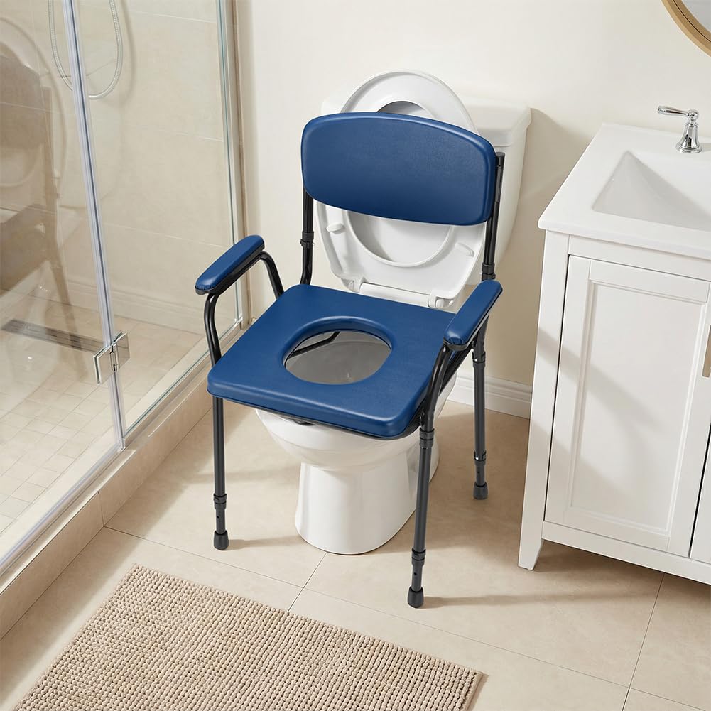 BAKAJI Sedia WC Pieghevole e Leggera con Vaso Rimovibile e Altezza Regolabile per Anziani, Disabili, Persone con Mobilità Ridotta, Water Seduta Salvaspazio con Base Antiscivolo 57 x 49 x 84–99,5 cm