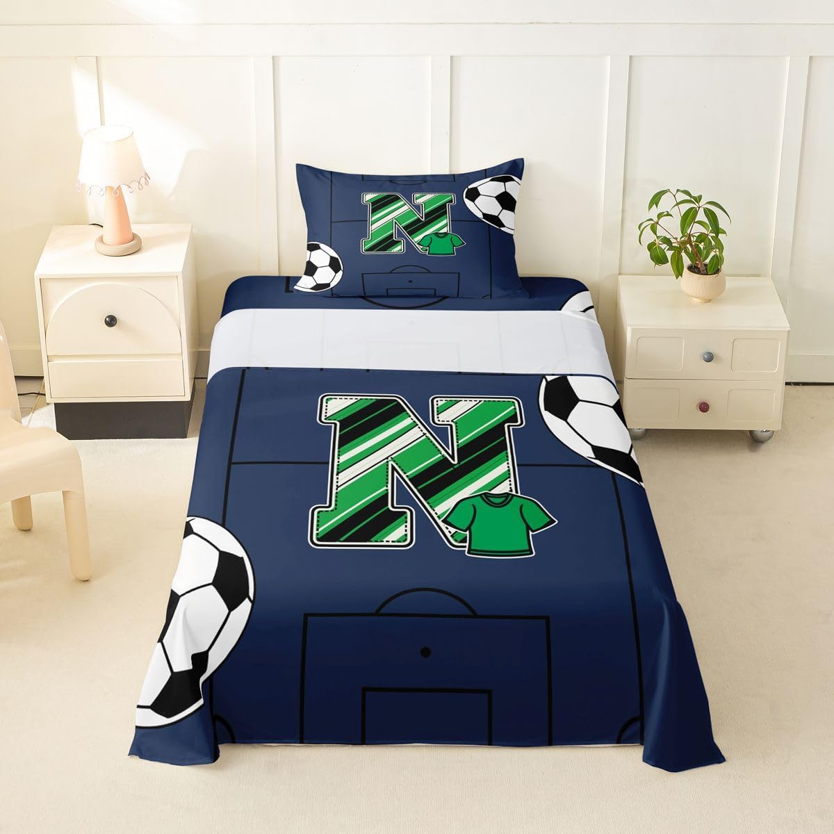 Erosebridal Soccer Sheets Twin Personalized Initial N Bed Sheets Set, Boys Sports Theme Sheet Set for Boys Girls Soccer Fans Gifts Bed Sets 3Pcs