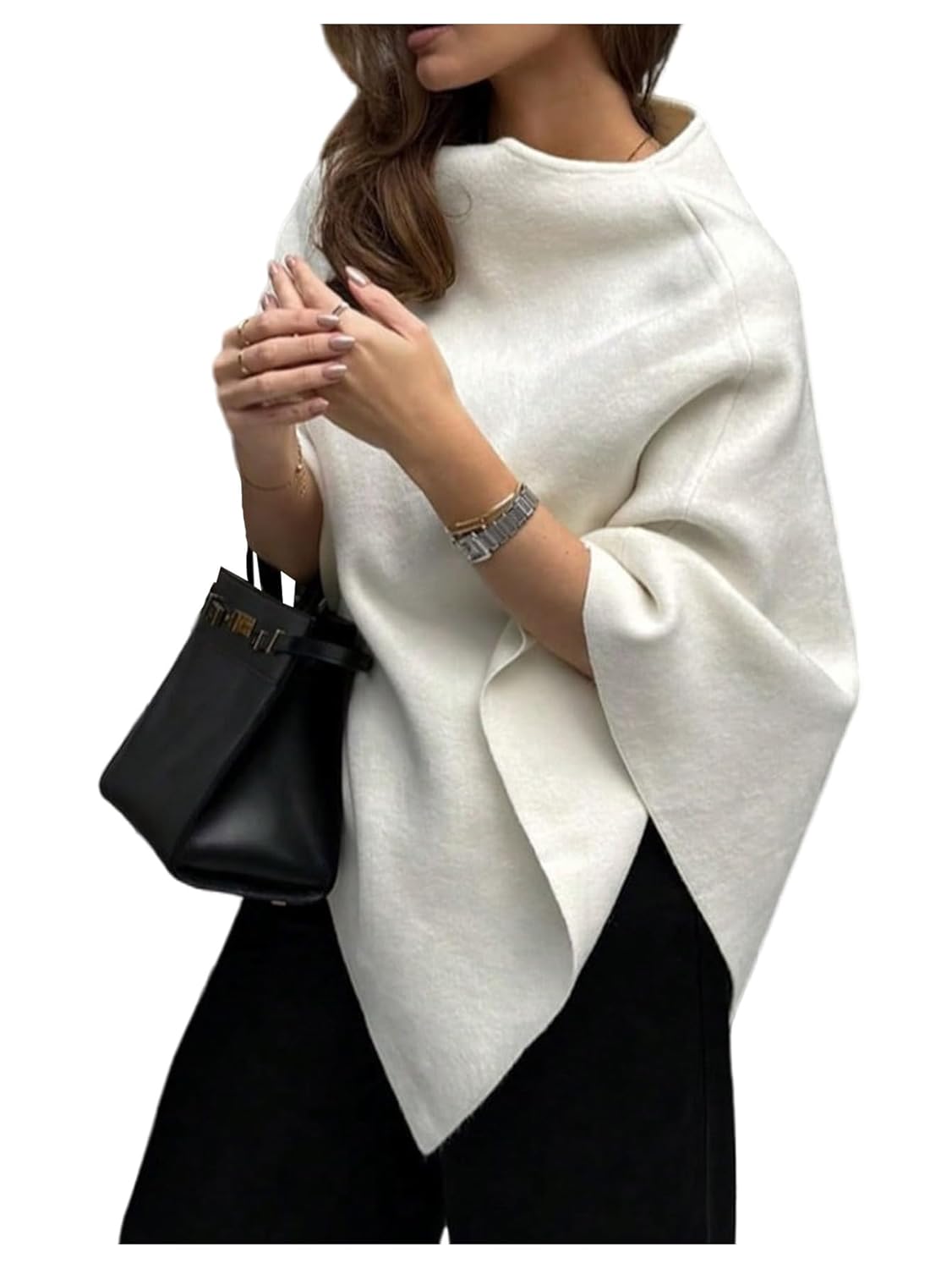 MakeMeChic Womens Poncho Sweater Boat Neck Asymmetrical Business Pullover Knit Top