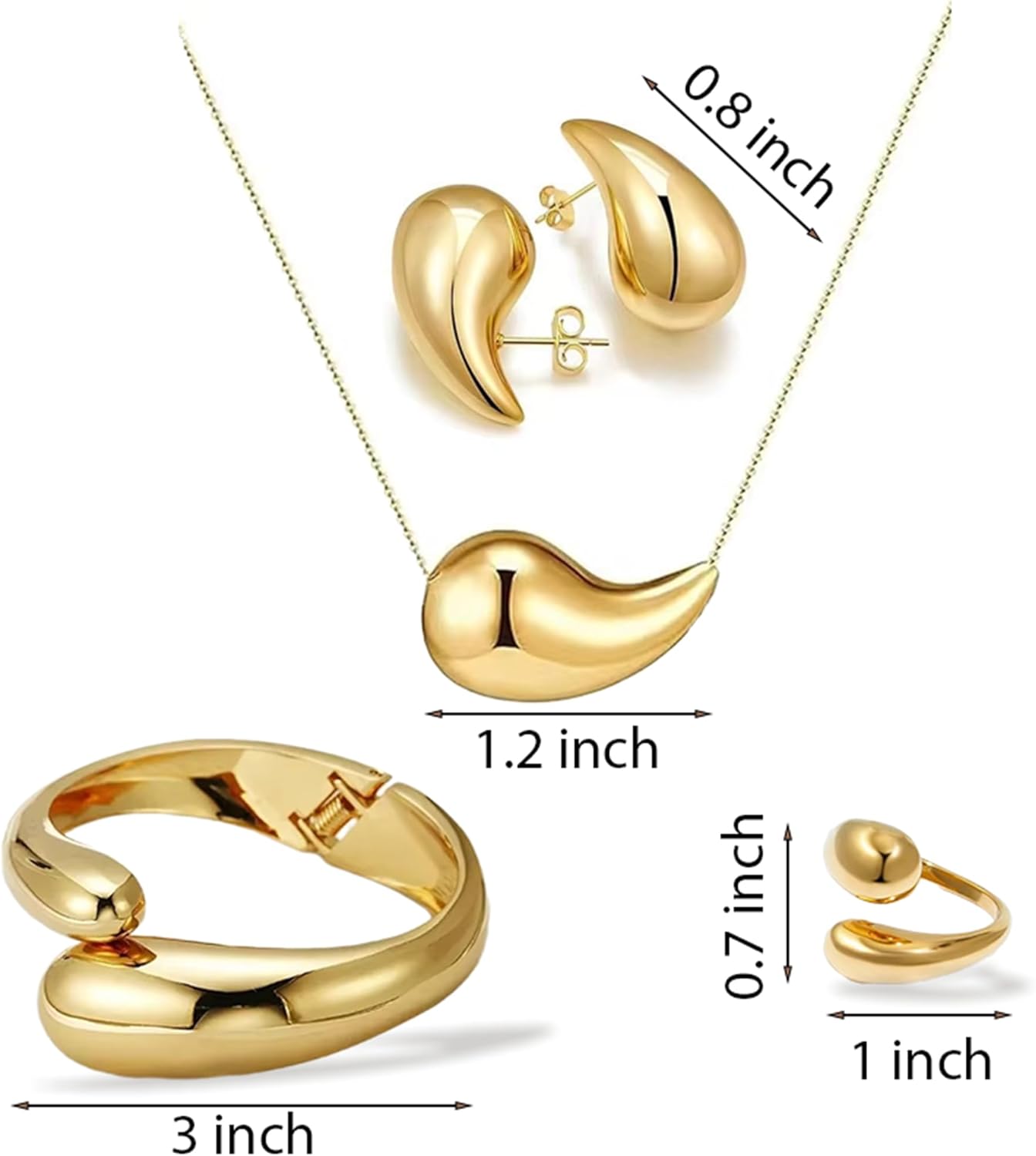 Gold-Plated Teardrop Jewelry Set, Necklace, Earrings, Ring, Bangle Bracelet, Chunky Twisted Hinged Waterdrop Set for Women, Gold-Plated Baroque Style Jewelry Set - Image 9