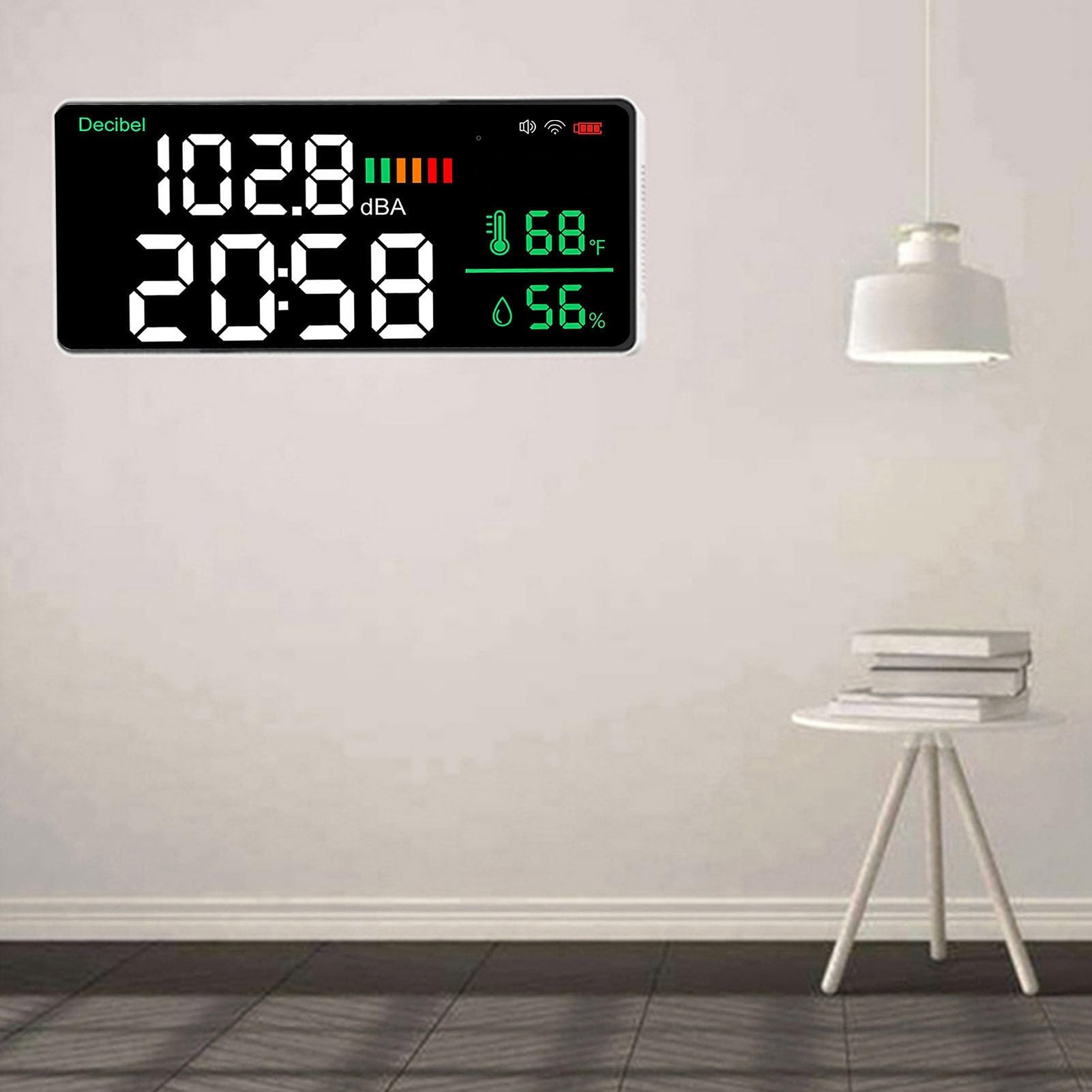 Medidor de Decibelios Lector de Nivel de Sonido 4 en 1, Medidor de Decibelios Medidor de Nivel de Sonido para Colgar en la Pared Alta Precisión Carga Fácil, Medidor de Decibelios
