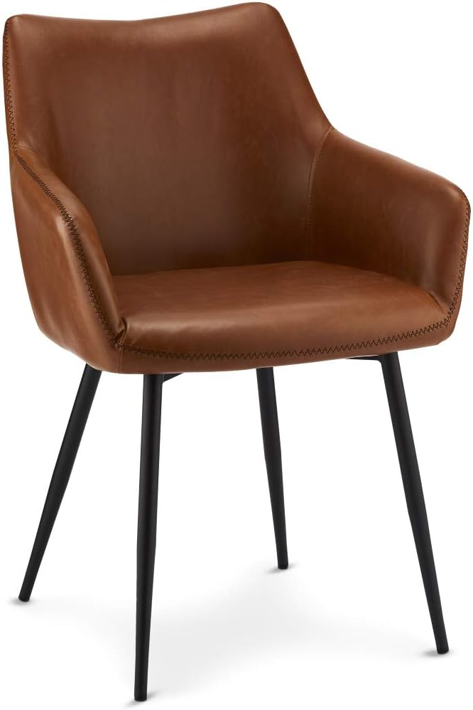 Furnhouse Set of 2 Brown Soft Faux Leather Uphostered Kitchen Dining Lounge Leisure Chairs Armchairs Maria, Armrests & Backrest, Black Metal Legs, SH: 47 cm