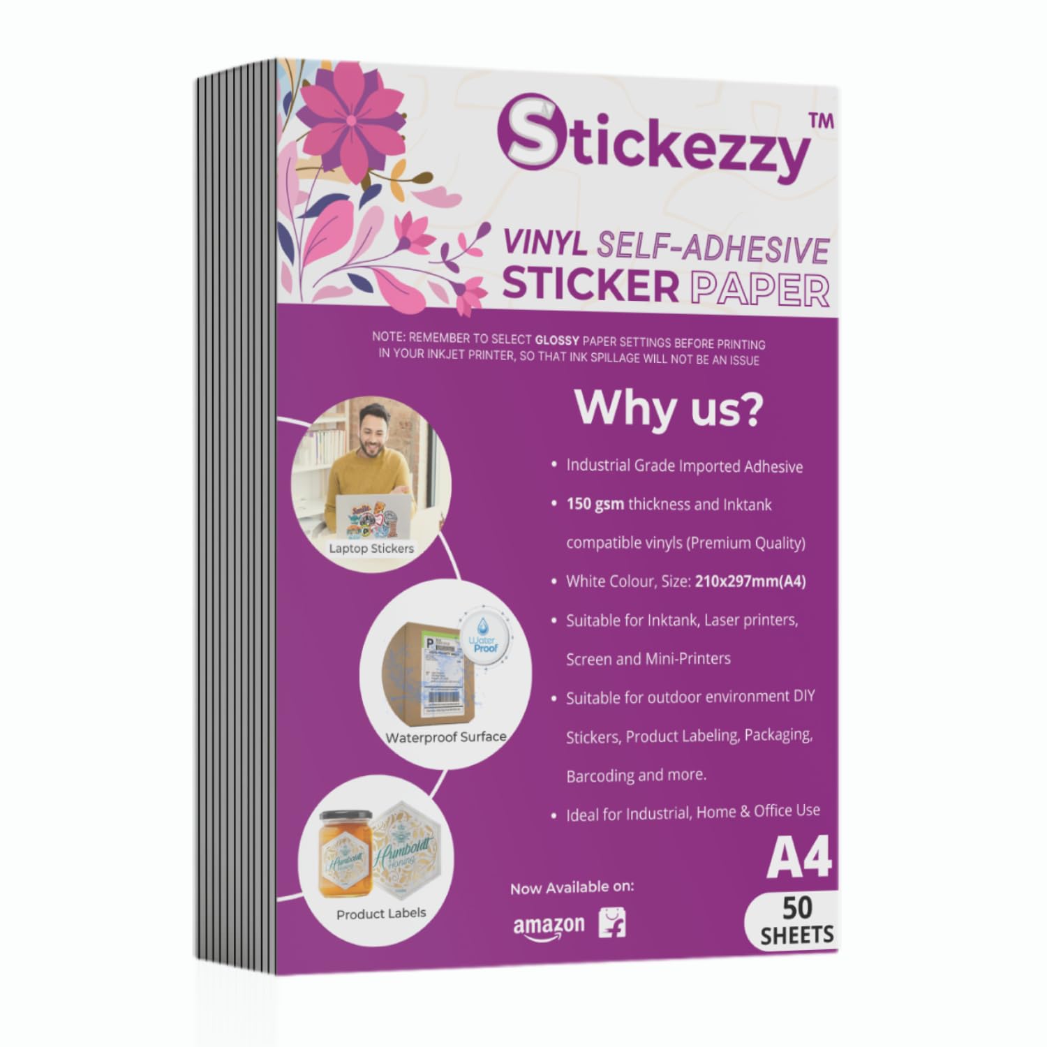 A4 size Vinyl Sticker Paper by Stickezzy - (290x210 mm), Waterproof (110 micron top) for inktank & laser printers for printing stickers and labels (50 Sheets)-image-31