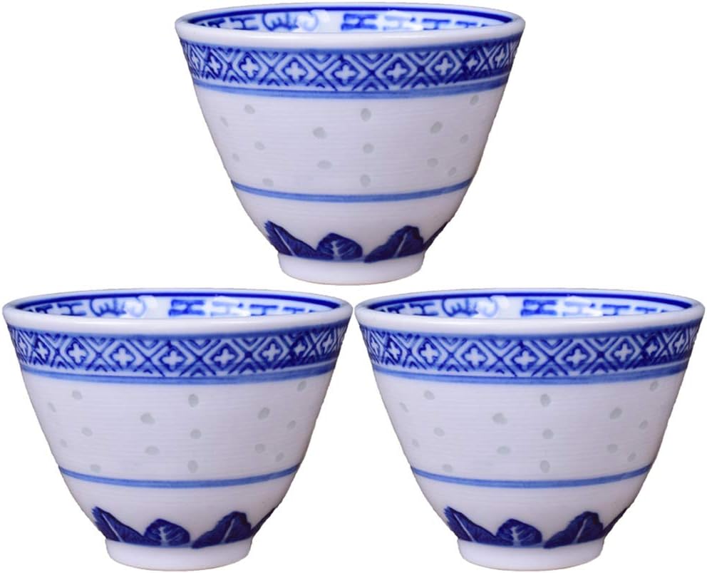 Chinese Handmade Kungfu Tea Cup 70 ml,Bone China Blue and White Tea Cups Set of 3,Ceramic Tea Mugs Without Handles,Best Gift