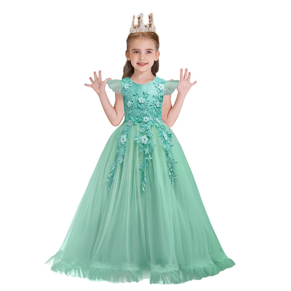 WOCINL Flower Girls Lace Appliques Wedding Dress Princess First Communion Long Tulle Birthday Pageant Party Dance Ball Gown Turquoise 9-10 Years