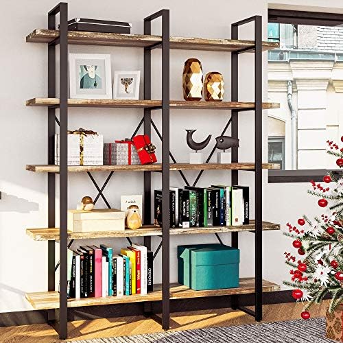 IRONCK Bookshelf, Double Wide 5-Tier Open Bookcase Vintage Industrial Large Shelves, Wood and Metal Etagere Bookshelves, for Home Decor Display, Office Furniture, 13D x 53.1W x 70H in