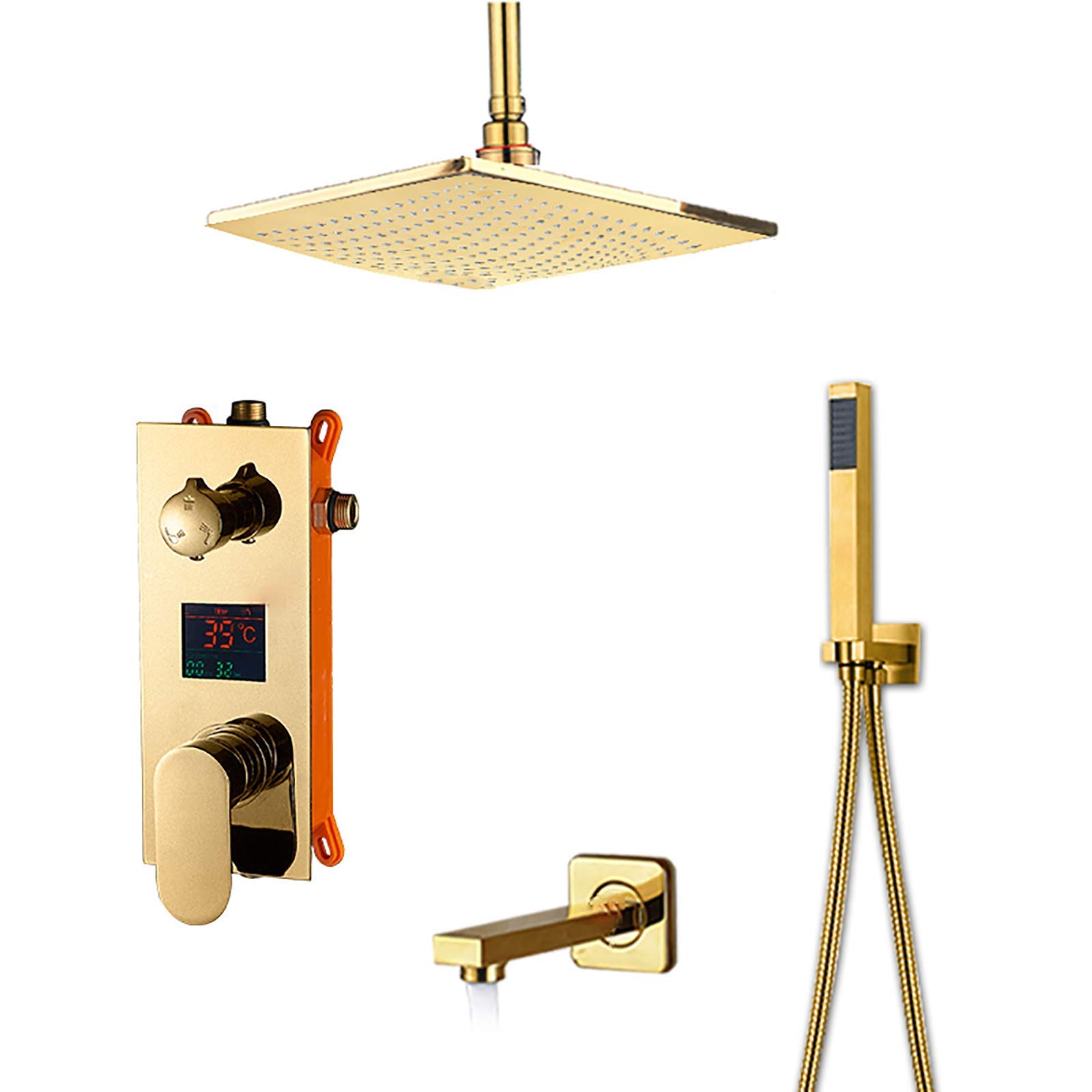 Juego combinado de ducha con pantalla digital, mezclador de lluvia dorado, juego de grifo de ducha montado en el techo con cabezal de ducha de 12 pulgadas, ducha de mano, boquilla de bañera