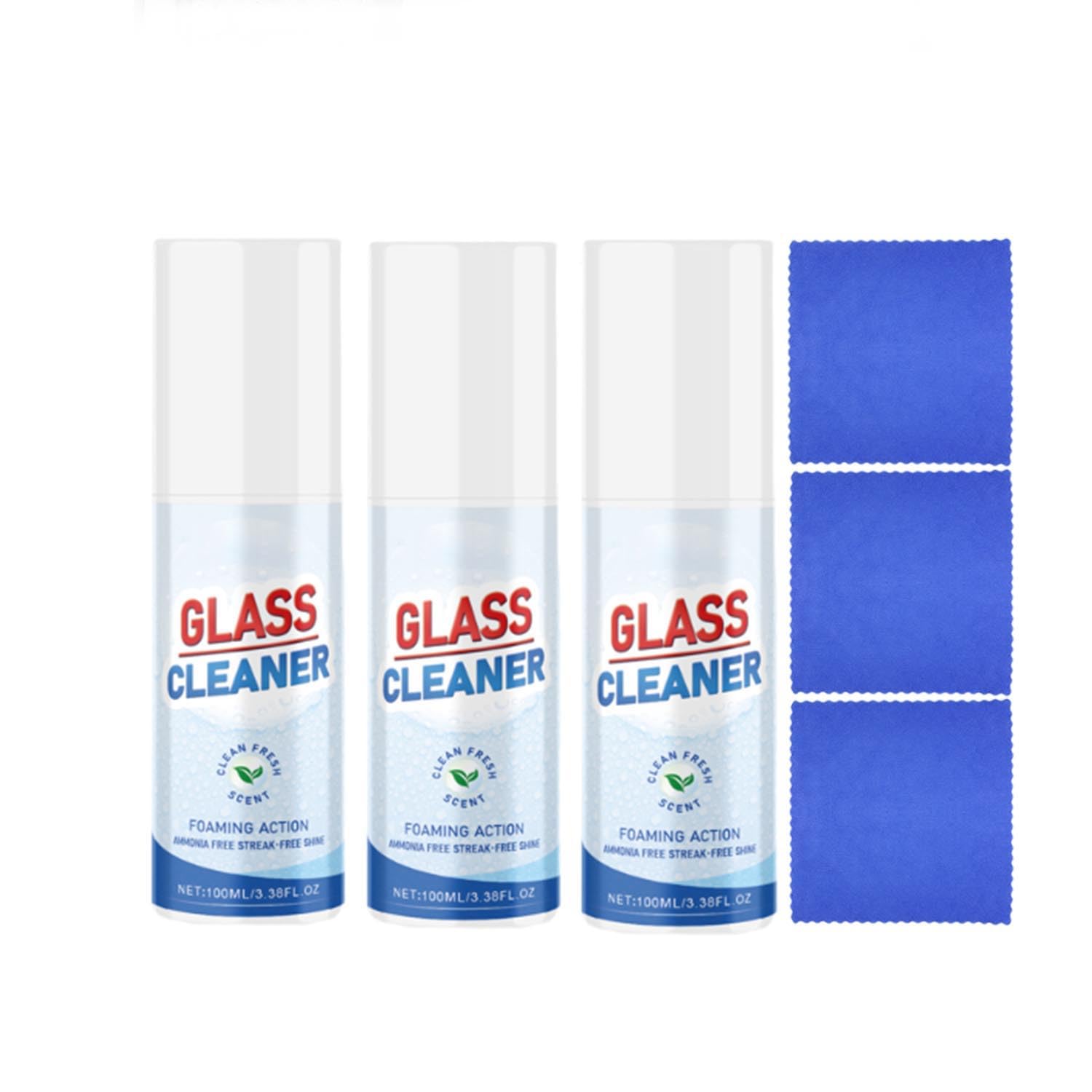 Schäumender Glasreiniger für streifenfreien Glanz – Ammoniakfreier Fensterreiniger inkl. Mikrofasertuch – Schnell wirkendes Schaumspray für Spiegel, Fenster, 100 ml (3Pcs)