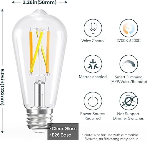 Miniatura 2 de Linkind Matter - Bombilla inteligente ST19 (ST58), bombillas Smart Edison, 2700K-6500K E26 bombilla LED 8W 60W, bombilla Edison de 800 lúmenes,