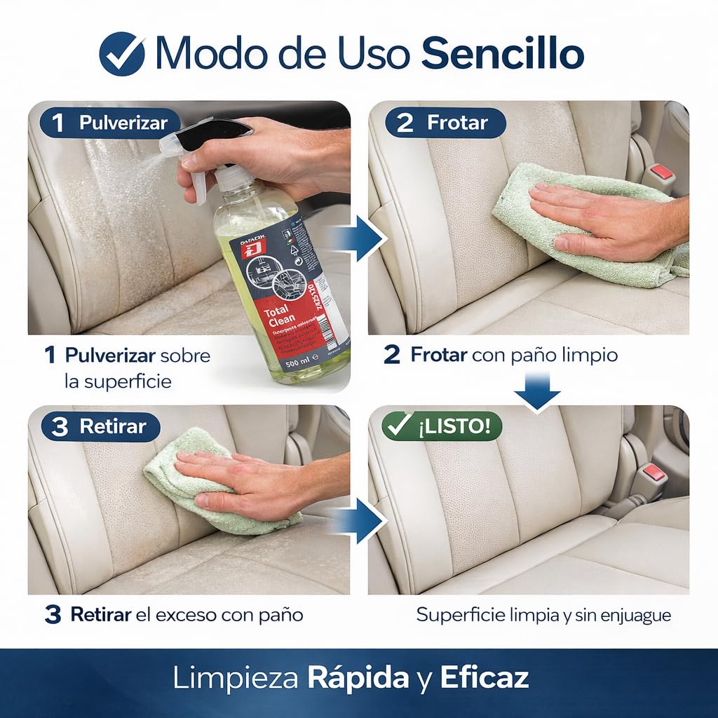 Datacol Total Clean – Limpiador Universal Interior 500 ml | Spray Multi-Superficies para Piel, Tejidos y Plásticos | Limpia tapiceria Poder de Limpieza Profesional | Listo para Usar (4)