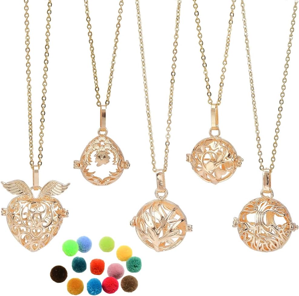 SUNNYCLUE 1 Box 5Pcs Aromatherapy Necklaces Diffuser Necklace with 20Pcs Pom Pom Ball Tree of Life Angel Essential Oil Diffuser Jewelry 304 Stainless Steel Hollow Bead Cage Pendants for Women Gifts
