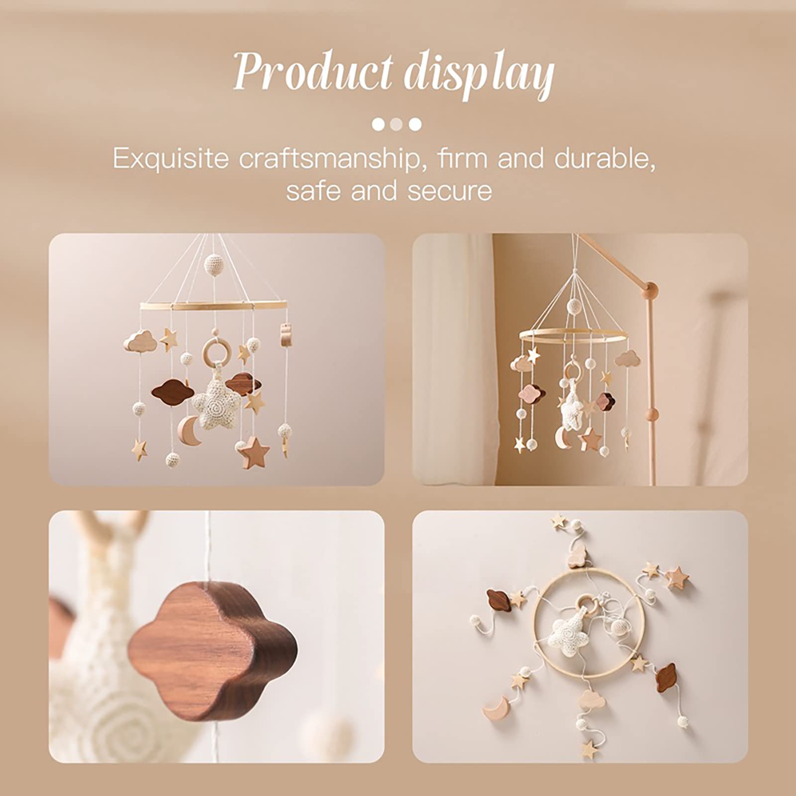 Babybett Mobile Baby Windspiel, Mobile Baby Holz mit Filzbällen und Wolken Ornament Kinderzimmer Hängende Bettglocke Geschenk für Baby Mädchen oder Jungen, Rassel Spielzeug, Beige A