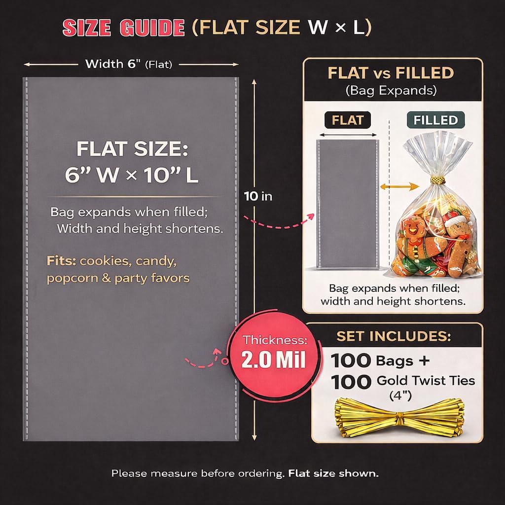 Cellophane Bags, 100 Pack 6 x 10 Inch Clear Treat Bags with Gold Twist Ties thumbnail