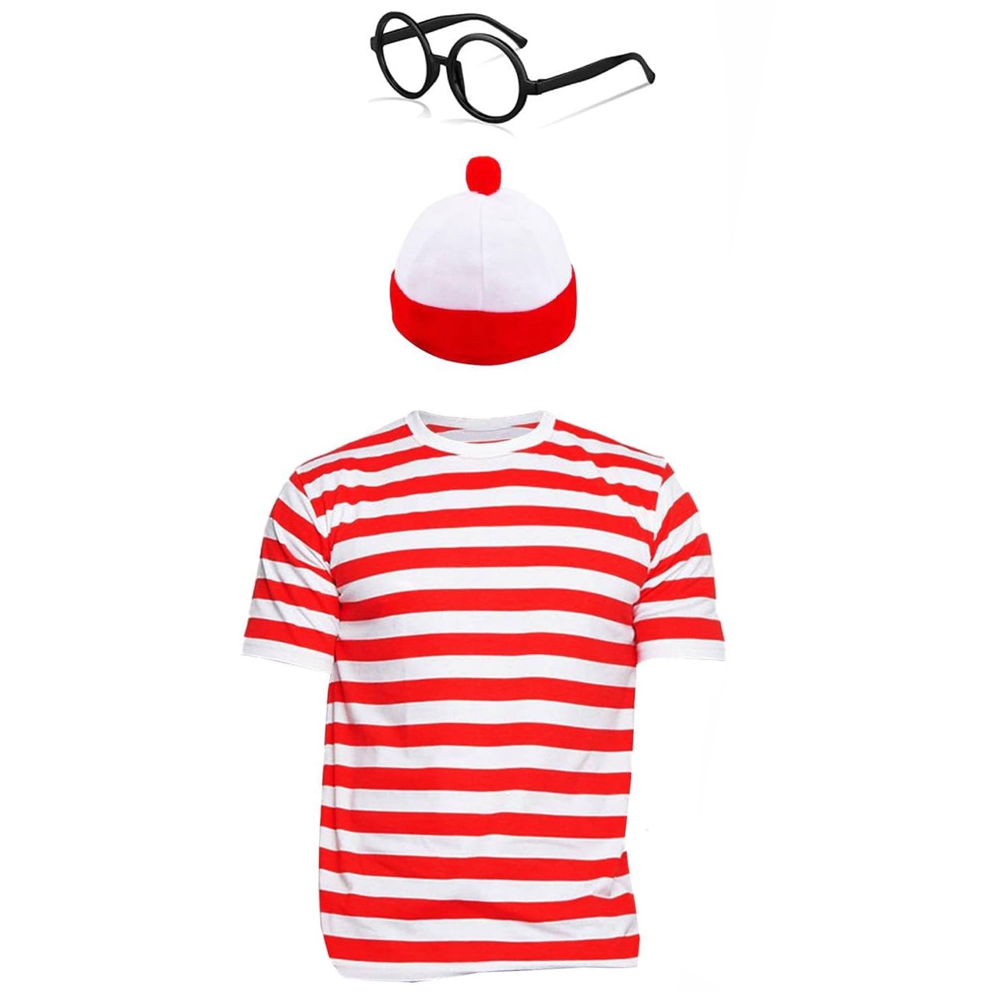 Bismaa Unisex Adults Mens Women's Girls Red & White Stripes T-Shirt KIT Hen Party Fancy Dress Costume Book Day stag Night Wally Book Week Nerd Glasses Set (XS)