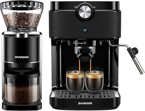SHARDOR Paquete de molinillo de café cónico con máquina de espresso SHARDOR con varita de vapor espumador de leche