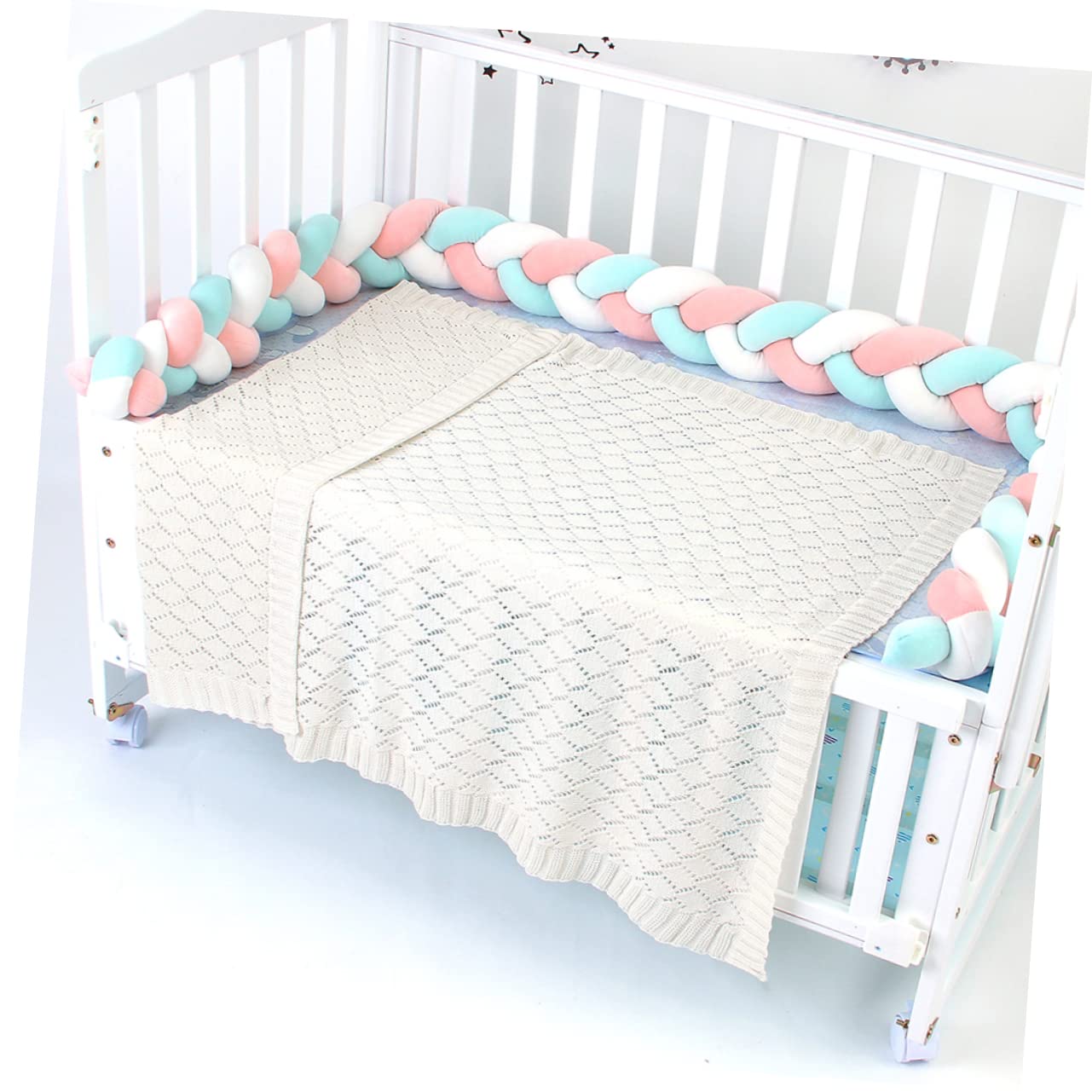 BESTonZON Coperta Neonata Invernale in Cotone Lavorato a Maglia Bianco | Sottile, Traforata, Uso Indoor per Inverno, Finitura Intrecciata Adatta al Bebè