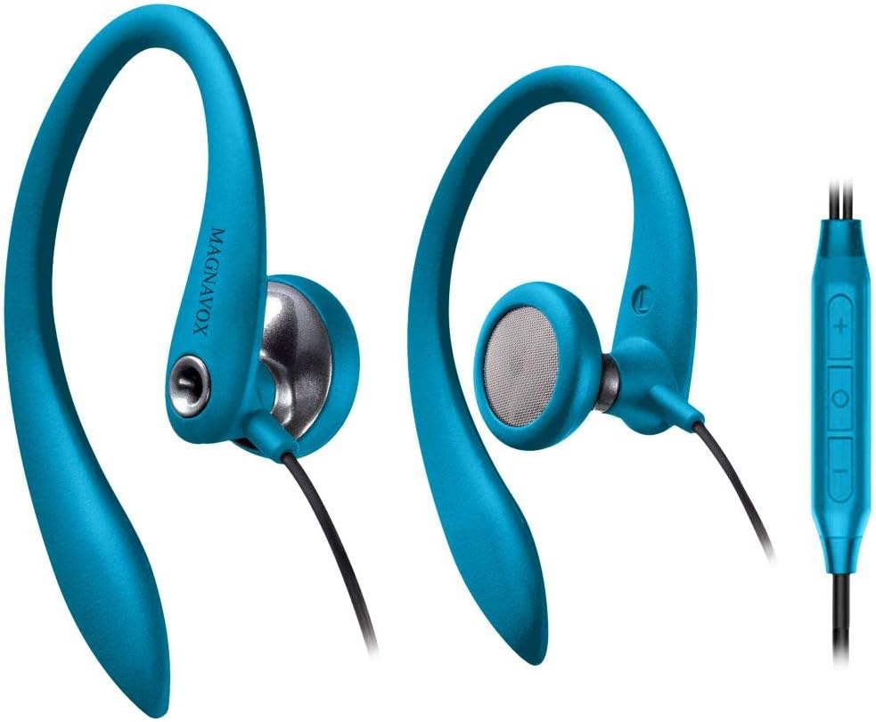 Over Ear Earbuds Wired, in Ear Earphones with Microphone, Sport Headphones for Running, Workout, Exercise and Gym by Magnavox (Blue)