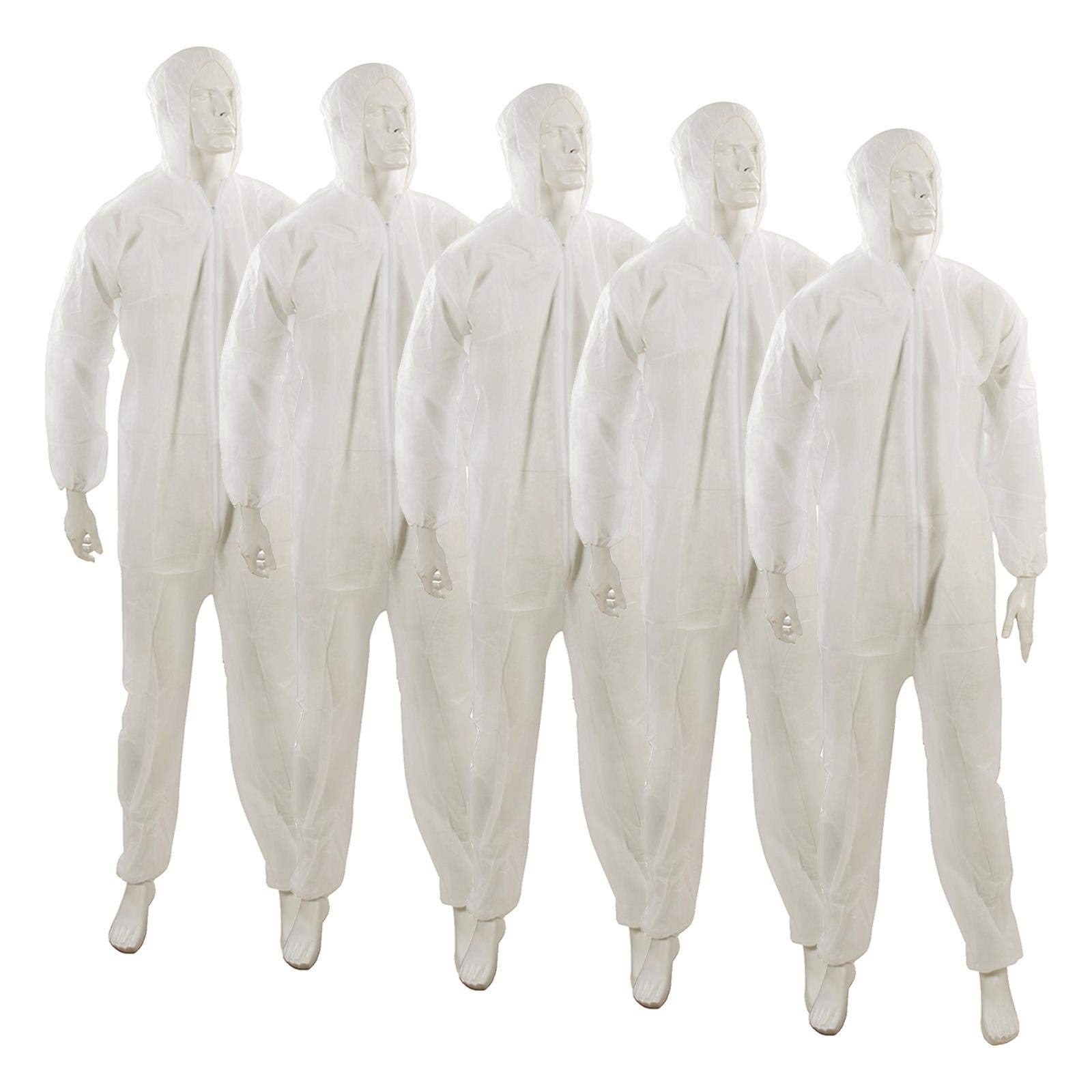 Dapetz ® 5 Pack Disposable Coverall Protective Suits Overall Suits with Hood XXL 185cm 73", Elastic Cuffs, Ankles, and Hood, Zip Front Opening for Painting, Cleaning, Safety Workwear, Men, Women