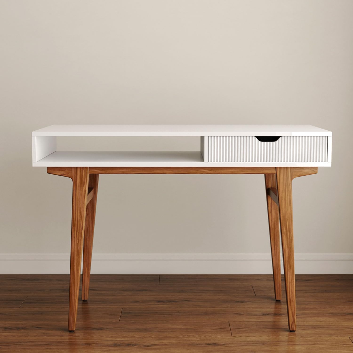 White Computer Desk with Drawers - 45 inch Minimalist Small Solid Wood Mid-Century Modern Office Desk for Home - Boho Style Writing Table with Open Storage,Light Wooden Desk Workspace