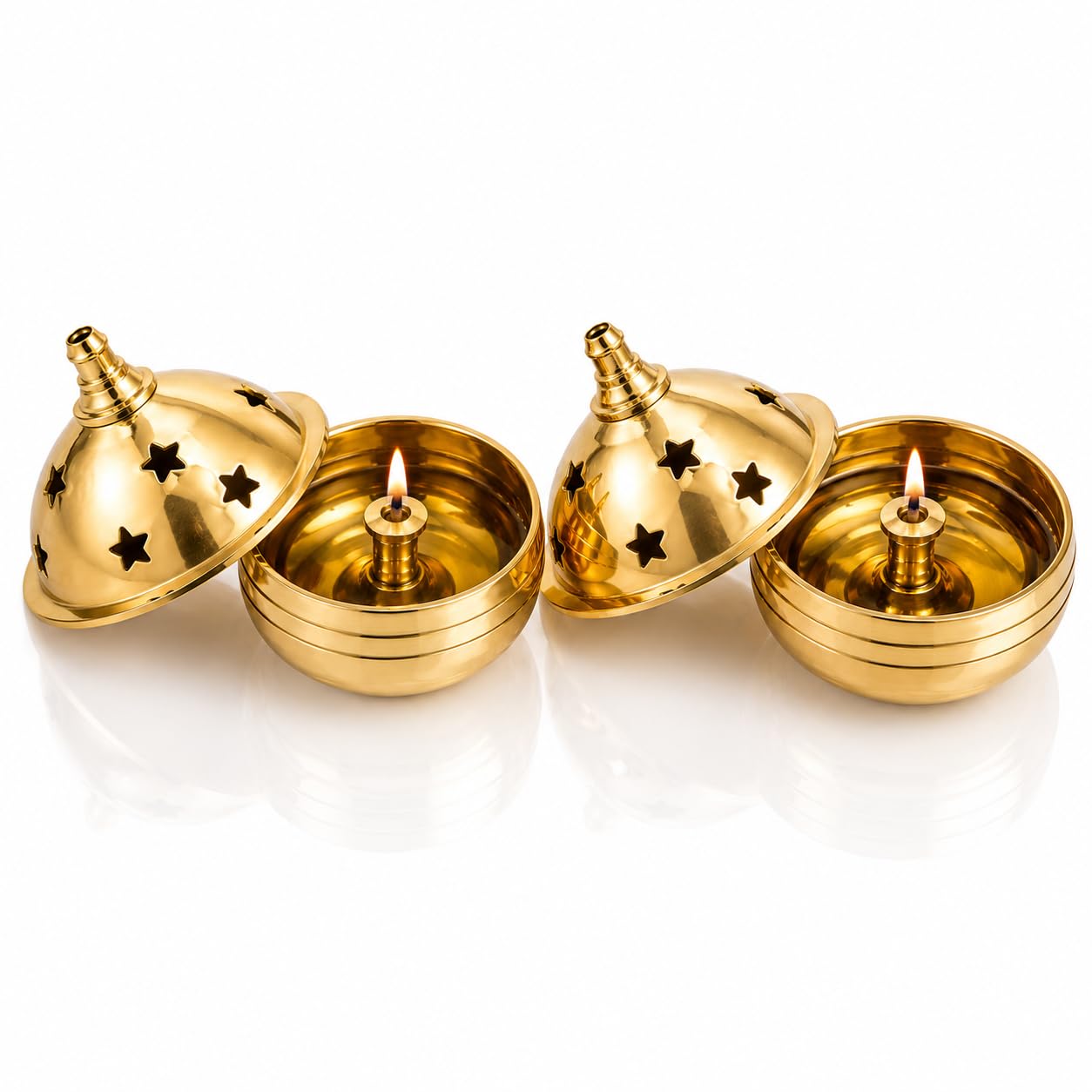 Pure Brass Akhand Diya Set of 2 with Star Design Cover Lid - Traditional Diya for Pooja Mandir, Home Decor, & Diwali Gifting-image-14