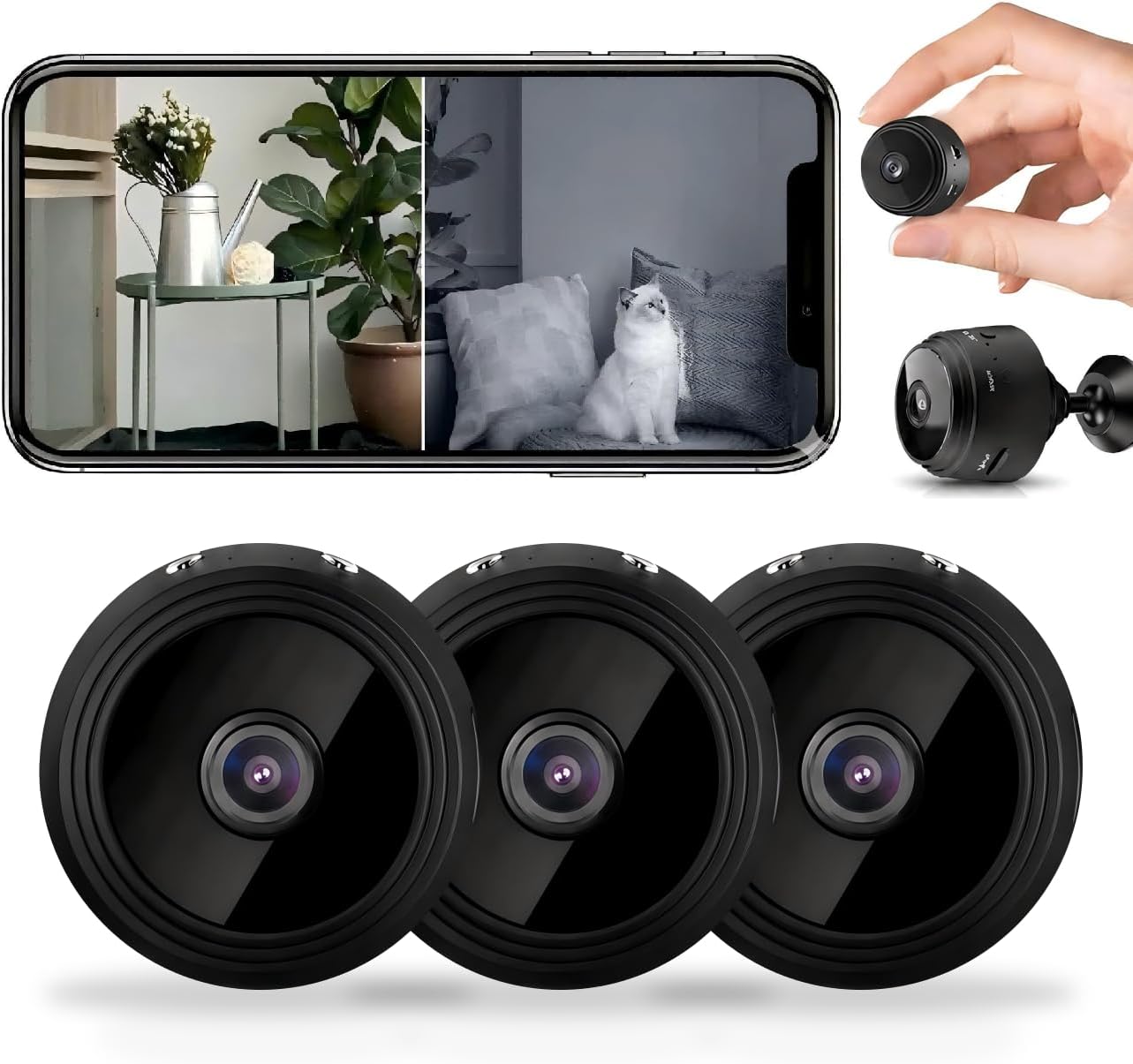 3 PCS New 1080P Mini WiFi Security Cameras, Portable Tiny Camera with Night Vision, Indoor Outdoor Home Office Small Cam for Pet, Baby,Elder D/U