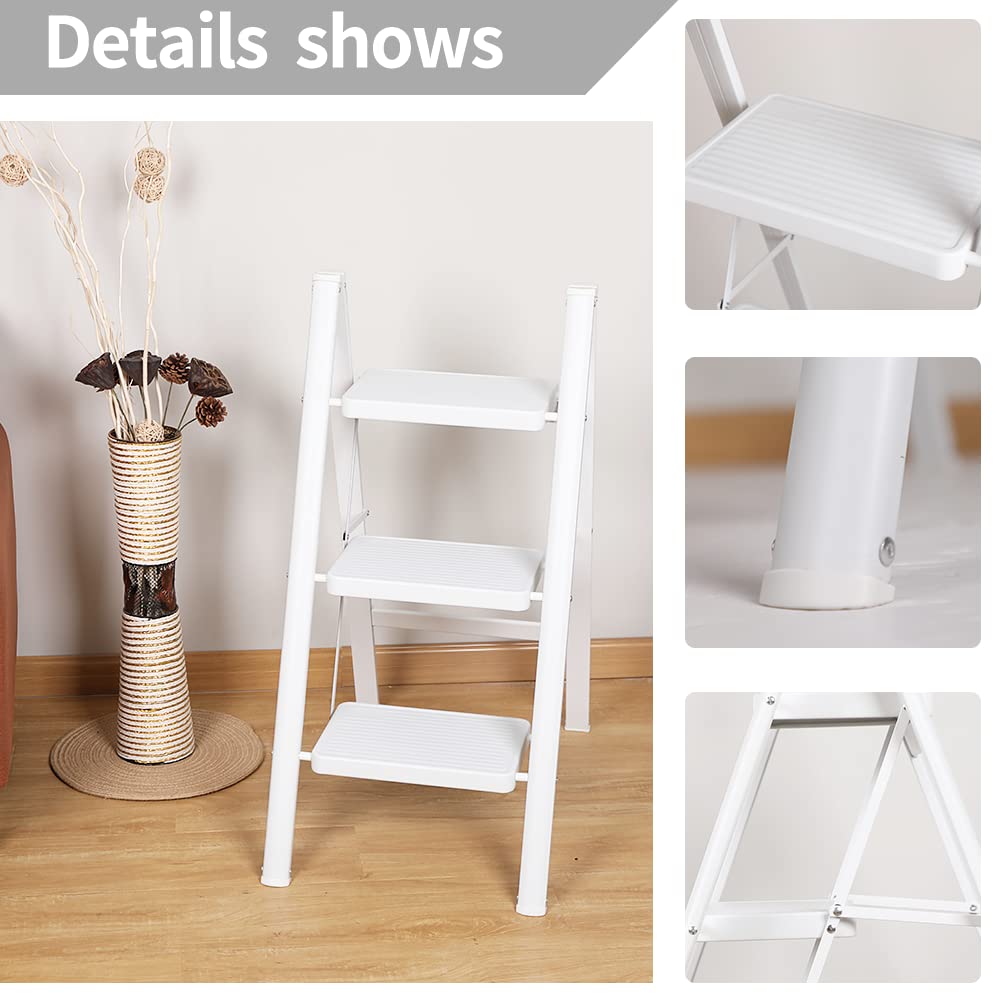 BAOYOUNI Scaletta Pieghevole Leggera e Portatile Scala Domestica 20 cm Pedale Largo Sgabello Antiscivolo Multiuso per Casa Cucina Ufficio Esterno, Portata massima 150 kg (3 Gradini, Bianco)