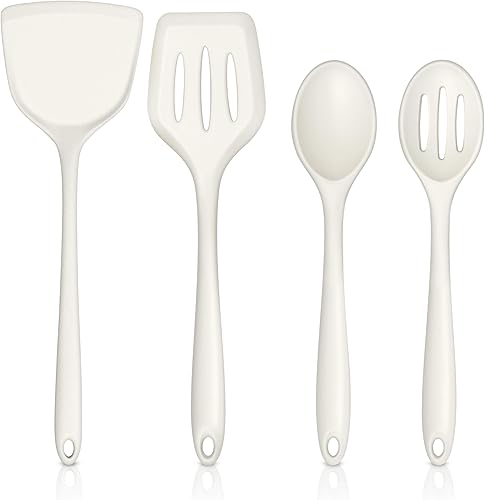 TeamFar Utensilios de cocina, juego de 4 utensilios de cocina de silicona, cucharas sólidas y ranuradas para utensilios de cocina antiadherentes,