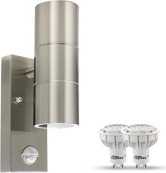 HiBay Motion Sensor Outside Wall Lights Mains Powered PIR Up Down Wall Lamp Stainless Steel Waterproof Garden Security Light with 7W LED Bulbs Cool White