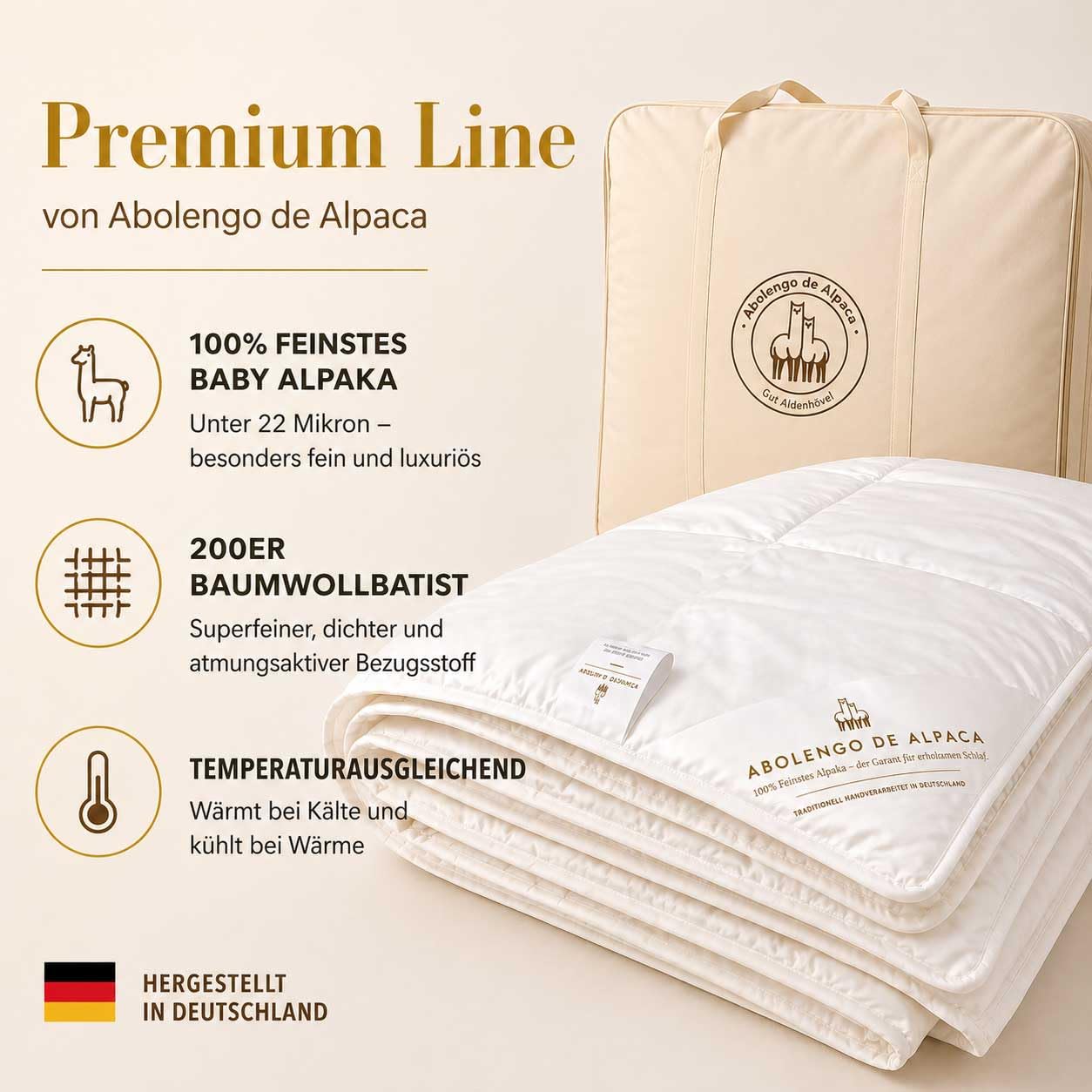 Alpaka Bettdecke 4 Jahreszeiten, Premium Line, Füllung aus 100% Baby Alpaka (200x200cm) 2 Decken zum zusammenknüpfen 1x Sommer und 1x Gzj, Bezugsstoff: 200er Baumwollbatist