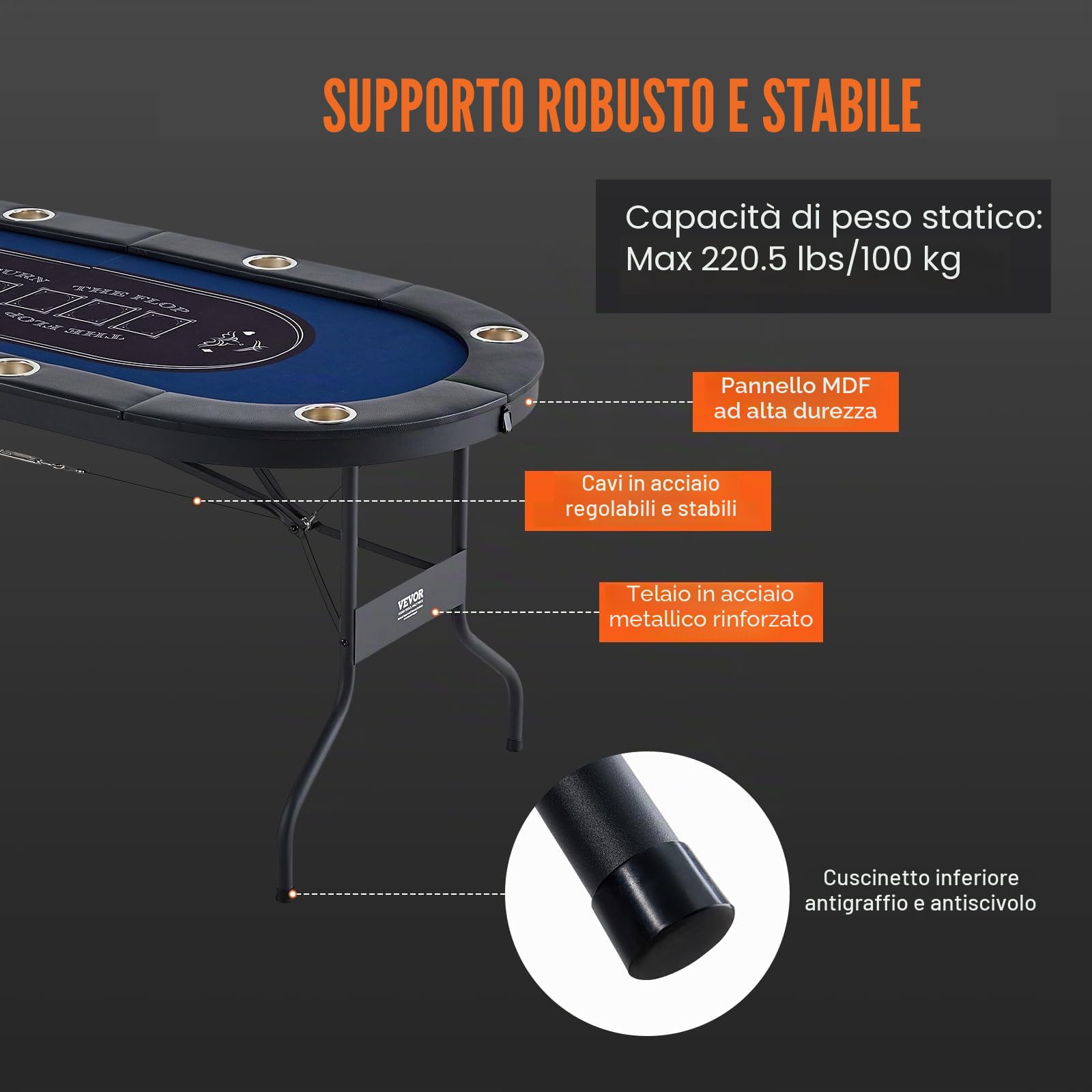 VEVOR Tavolo da Poker Pieghevole, 1830 x 820 x 720 mm, Nero e Blu, per 8 Giocatori, Copertura Antipolvere