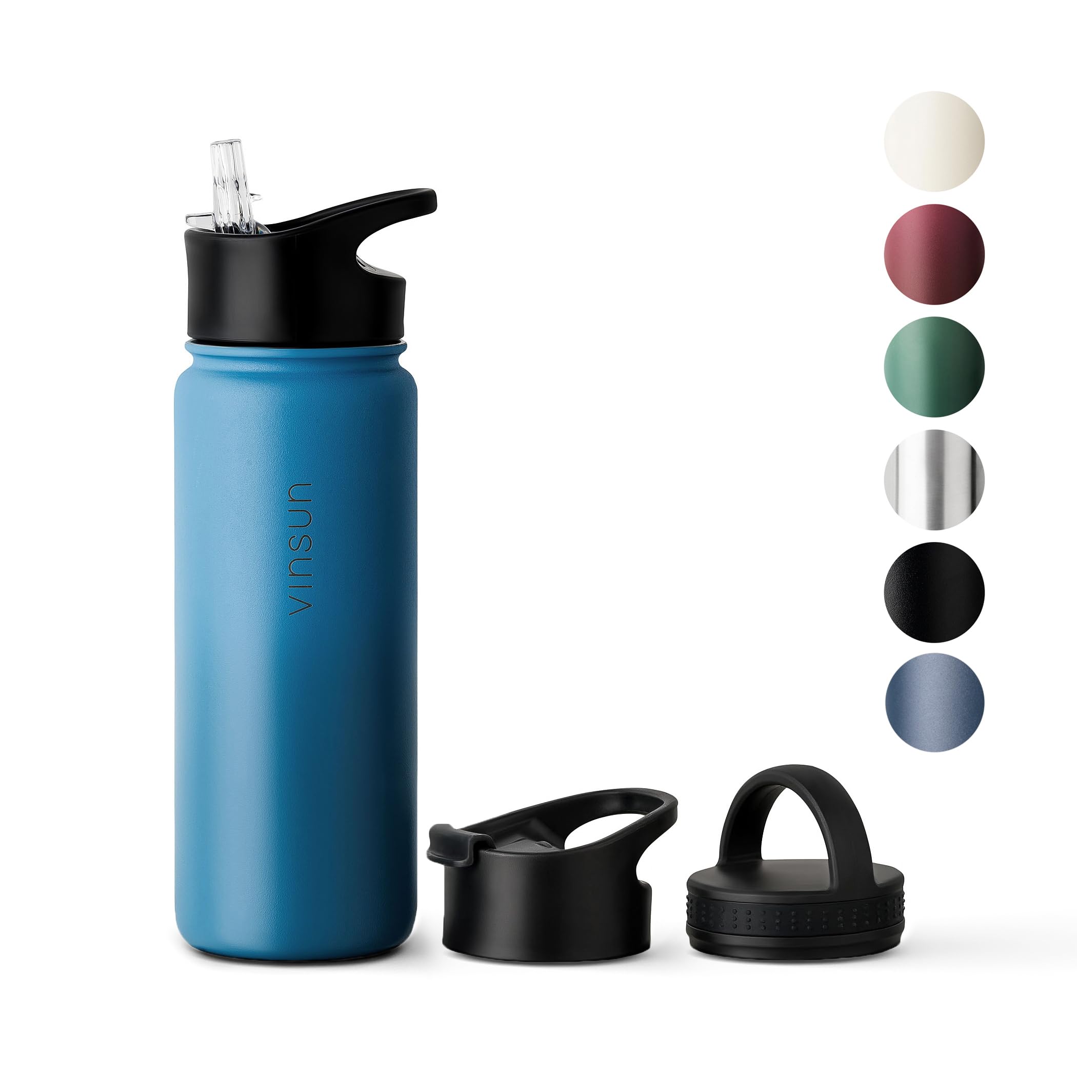 Vinsun Blue Stainless Steel Water Bottle 500Ml - Leakproof, Bpa Free, Hot And Cold Drinks - 3 Lids - Vacuum Insulated Thermo Flask - Travel, Sports, Bike, School, Work