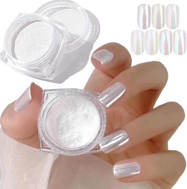 Pearl Chrome Nail Powder, White Pearlescent Mermaid Home Chrome Nail Powder for Nails, Mica Glitter Pigment Pearl Nail Powder for Gel Polish Nail Art Decoration (2 Pcs )