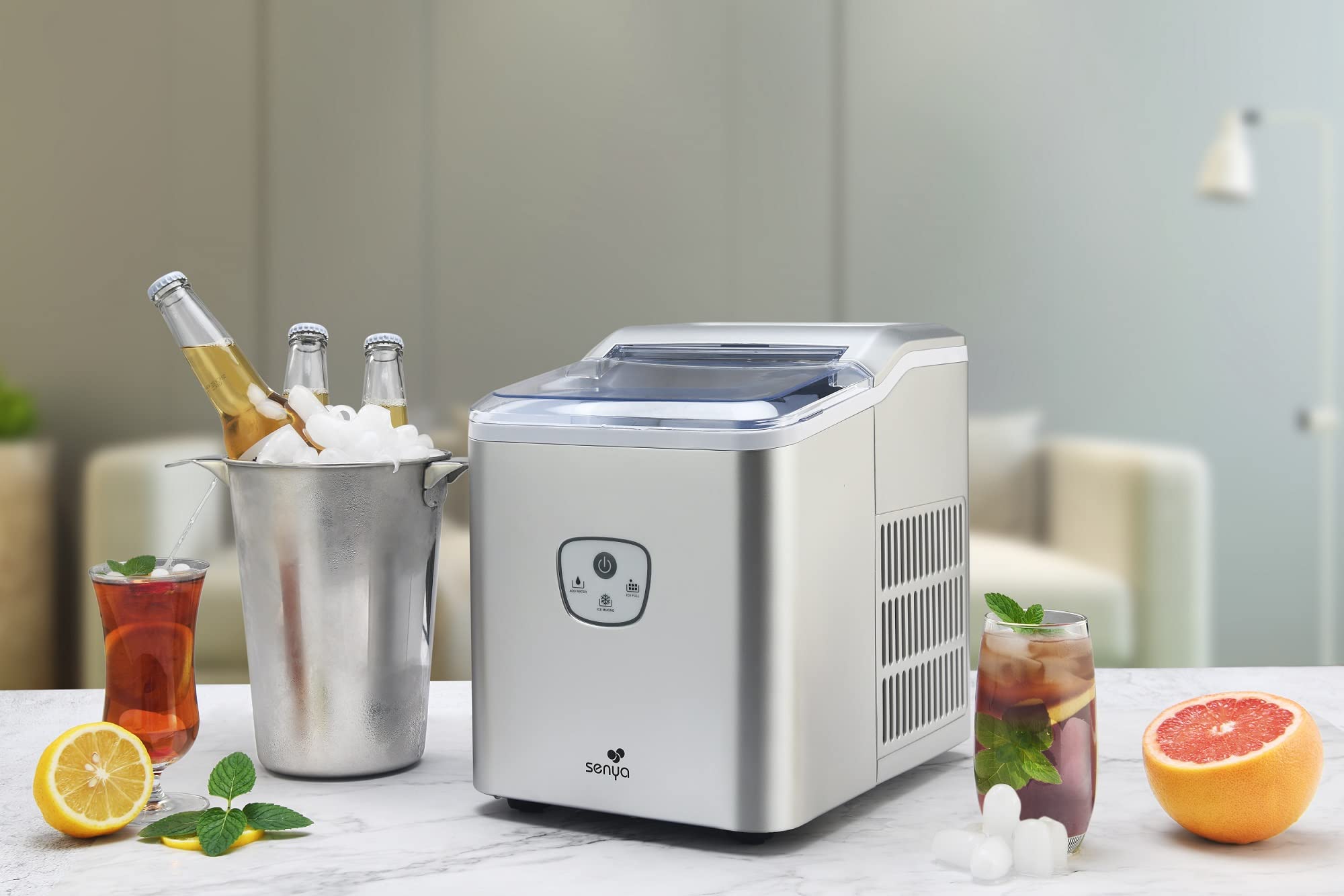 Senya - Máquina de hielo de plástico para hielo, 12 kg, 24 horas, recipiente de 1,6 L, plateado, 120 W SYCP-IM002