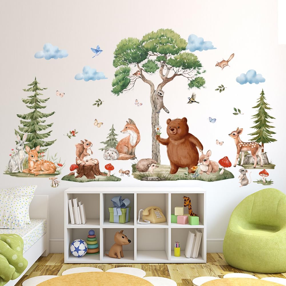 Woodland Animals Wall Decals Large Pine Tree Forest Wall Stickers Jungle Bear Deer Fox Rabbit Wall Mural Peel and Stick Wall Art Decals for Kids Room Bedroom Nursery - Image 2