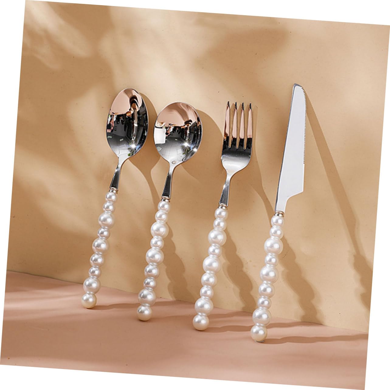 GRIRIW Western Metal Cutlery Pearl Shape Cutlery Set Pink Spoons and Forks Set Small Silverware Pasta Dinnerware