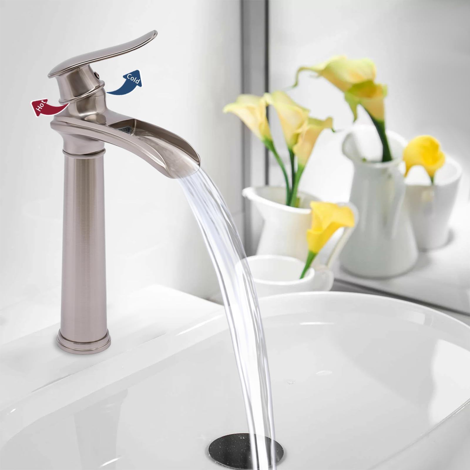 Wasserfall Wasserhahn Höhe des 30cm Antiken Bronze Wasserhahn mit Anti-Tropf Design & 2* Schläuche, Waschbecken Armaturen Messing 1.2kg Waschtischarmatur Hoch Retro für Washbecken Badezimmer, Silber