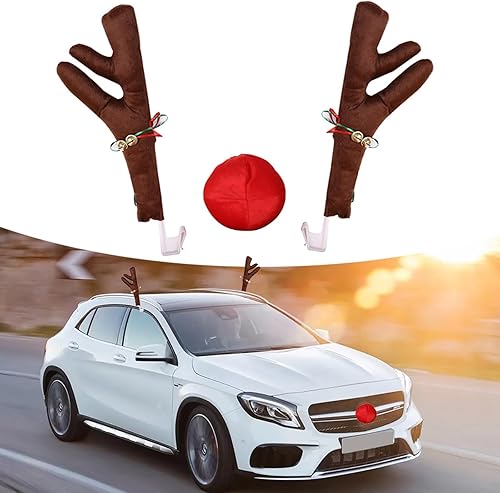3 piezas de decoración de cuernos de Navidad para automóvil, cuernos de alce de Navidad con campanas y cintas, kit de decoración de creatividad