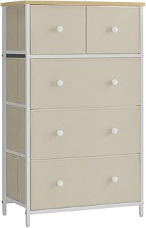 SONGMICS Chest of Drawers, Fabric 5-Drawer Storage Organiser Unit, Dresser, for Living Room, Hallway, Nursery, Camel Yellow and Cream White LTS514W01